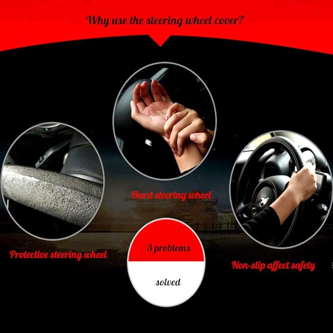 Red Rain Black and Blue Leather Steering Wheel Cover Cowhide Car Steering Wheel Cover Universal Size M / 15inch Fit Car/Auto/SUV (A-Black+Blue-M)