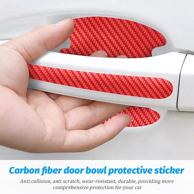 Carbon Fiber Car Door Handle Cup Scratch Protectors, Vehicle Door Handle Bowl Sticker, Automotive Paint Guard Protective Film Cover Accessories, Universal for SUV Sedan Truck (Red)