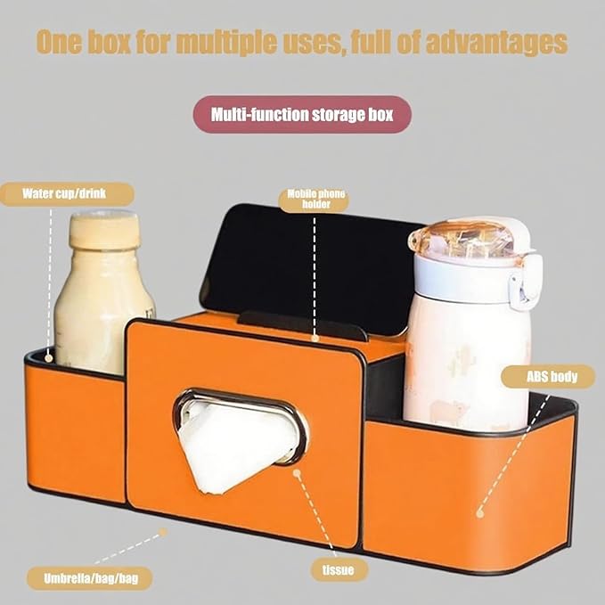 Silksild Car Organizers and Storage Back Seat, Multifunctional Car Organizer Box with Tissue & Cup Holders for Suv Sedan, Backseat Headrest Storage Box, Hanging Cars Caddy for Behind Seat (Orange)