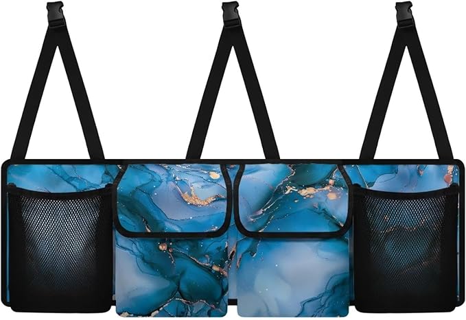Car Trunk Organizer, Blue Marble Backseat Hanging Large Storage with Adjustable Straps & 4 Pockets, Waterproof Collapsible Cargo Bag, Car Interior Accessories
