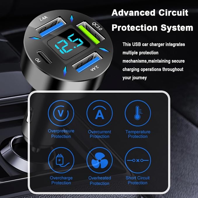 4 in 1 Cigarette Lighter USB Charger with Voltage Display,50W Car Charger USB C Fast Charge for 12-24V Cars,Multi Port Cars Cigarette Lighter Adapter Compatible with iPhone Car Accessories