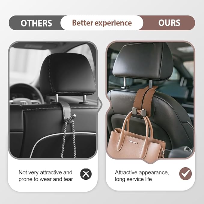 Car Seat Back Storage Hook, 2026 New Two Hook Fur Leather Seat Back Headrest Hanger Genuine Leather Double Metal Hook for Backseat Organizer, Car Organization Accessories (2, Gray)