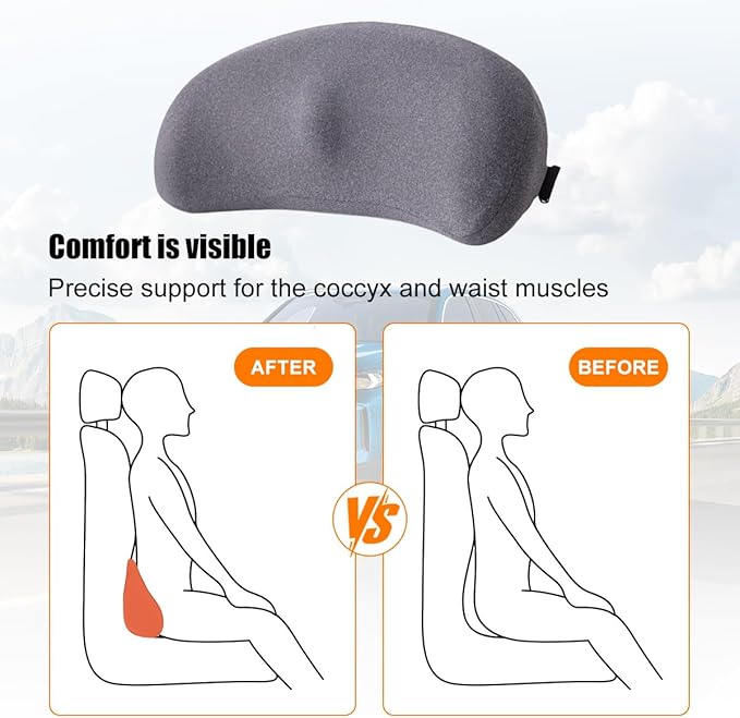 Car Lumbar Support Pillow, Memory Foam Comfortable Vehicle Seat Cushion for Driving, Sciatica Tailbone Pain Relief Driver Seat Pad, Universal Automotive Accessories (Grey)