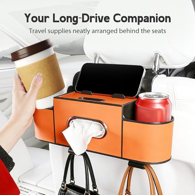 Multifunctional Car Seat Back Storage Box, 3-in-1 Backseat Car Organizer with Dual Cup Holders, Hold Phones, Snacks, Drinks, and Handbags (Beige)