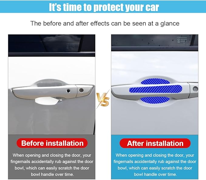 8PCS Car Door Handle Scratch Protectors, Carbon Fiber Car Door Handle Bowl Sticker, Universal Auto Doors Handles Paint Guard Cover, Doors Handles Cup Protective Film for Cars (Blue)