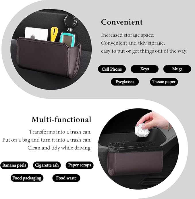 Car Trash Can, Foldable Small Hanging Trash Bin Waterproof Car Door Organizer, Multi-Function Leather Garbage Bag Mini Storage Can for Vehicle Back Seat & Side Door (Brown)