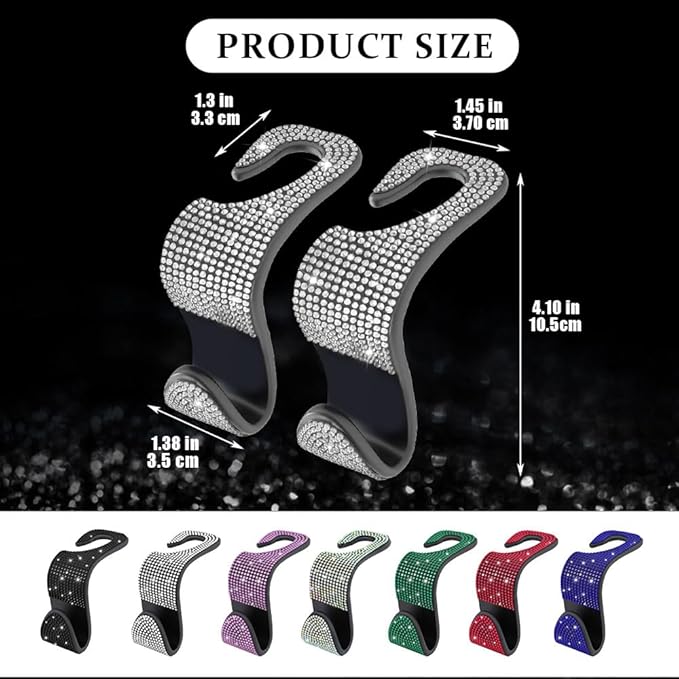 2PCS Car Seat Hooks, Purse Hook for Car, Crystal Rhinestone Vehicle Backseat Purse Holder, Auto Accessories Diamond Auto Seatback Storage Organizer Hanger for Handbag Clothes Purse (White)