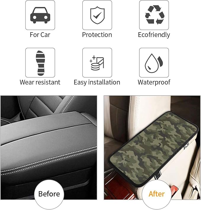 DORKEIXIA Military Camo Camouflage Black Brown Green Army Hunting Auto Center Console Armrest Pad Universal Car Center Console Cover Seat Box Cover for Sedan, Van, SUV, Truck Car Accessorie