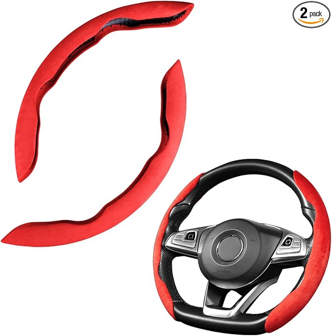 Car Steering Wheel Cover, Microfiber Suede Leather and Carbon Fiber Double Sided Design, Warm in Winter and Cool in Summer, Breathable Non Slip Segmented Protector for Most Cars (Turn Fur/Red)