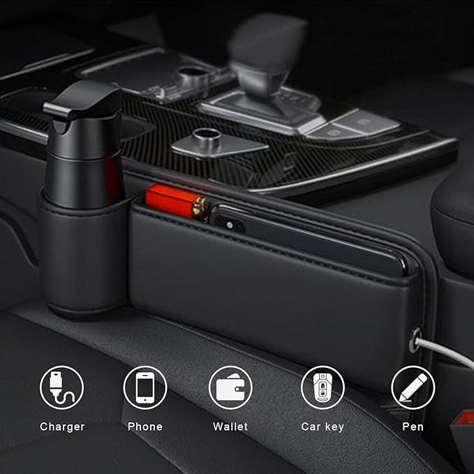 Coneati 2-Pack car seat Gap Filler Organizer with Cup Holder, Adjustable Car Seat Gap Storage Box Leather with Cup Holder for Phones Glasses Keys Cards (Black. Driver- Passenger)