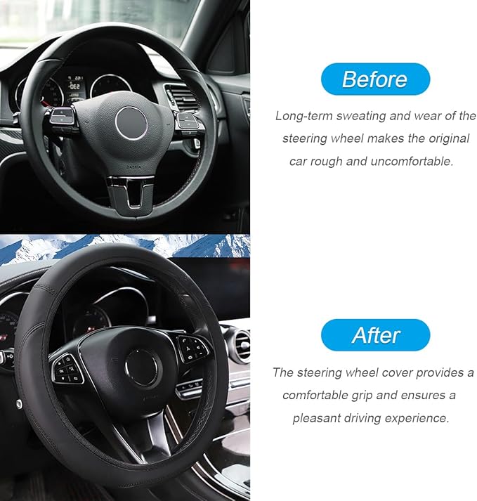 Car Steering Wheel Cover, Leather Elastic No Inner Ring Vehicle Steering Wheel Protector for 14.5-15Inch, Anti Slip Auto Interior Protection Accessories, Universal for SUV Sedan Truck (Black)