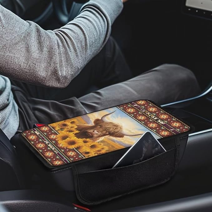 Boatee Highland Cow Sunflower Center Console Cover for Car Arm Rest Mat Armrest Pad for Car Console Organizer Auto Console Cushion Pad Arm Rest Box Pad Car Interior Protcetor Stylish Decor Brown