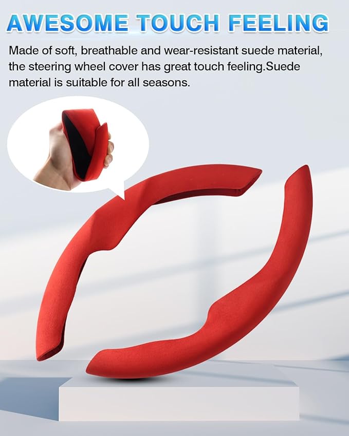 Shademax Custom-Fit for Tesla Steering Wheel Cover, Tesla Model Y/3 2017-2025 2026 (Fit Model Y Juniper 2026/ Model 3 Highland) Suede Steering Wheel Cover Non-Slip,Tesla Model Y/3 Accessories (Red)