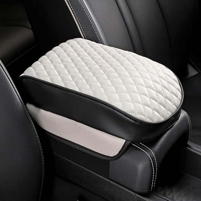 Center Console Armrest Cover Pad for Dodge Ram 1500 2500 3500 W Bucket 2009-2018, Universal PU Leather Cushion Anti-Slip Waterproof Interior Accessories Comfort Protection, D/White