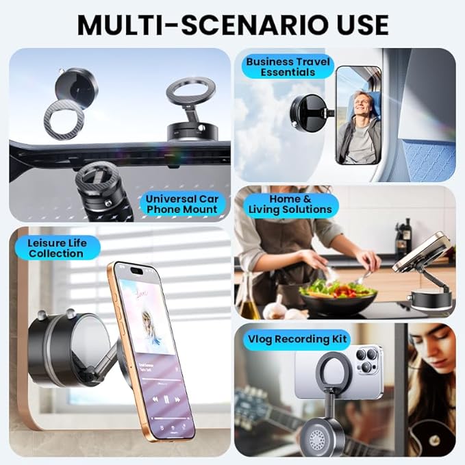 BISART Vacuum Magnetic Car Phone Holder – 360° Rotatable, Reinforced 96LBS Suction Cup Mount Compatible with MagSafe for iPhone & Android, Portable for Car, Gym & Mirror (A7-Silvery)