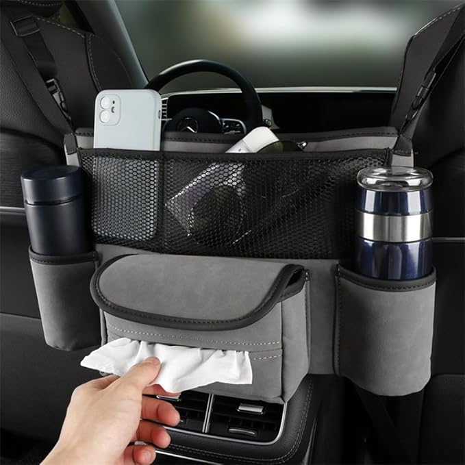 Car Handbag Holder Between Seats Car Organizer, Leather Large Capacity Car Purse Holder for Front Seat, Seat Back Net Bag Double-sided Tissue Storage Handbag Holder Car Divider (Brown)