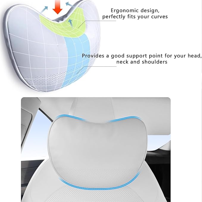 Car Headrest Neck Pillow for Tesla Model Y Model S Model X Model 3 Highland Cybertruck Accessories Car Seat Pillow Head Neck Rest Cushion Neck Support, 2 Packs, White