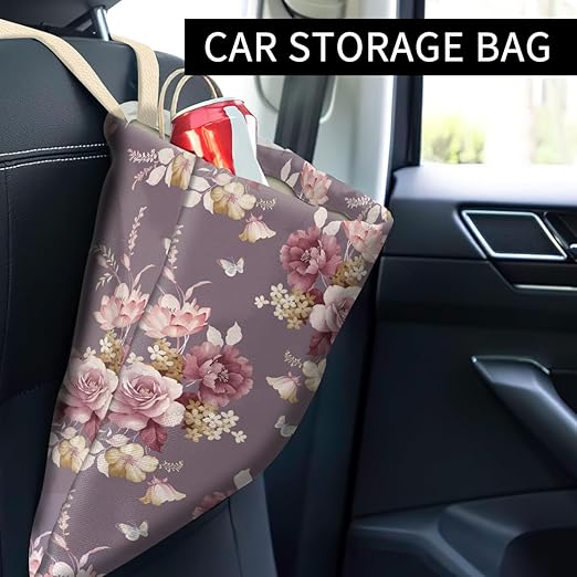 Car Trash Can, Cute Car Trash Bag, Hanging Car Organizer and Storage Bag, Trash Bin for Car Accessories, Vehicle, Travelling, Camping Watercolor Purple Rose