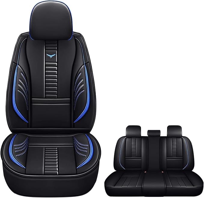 Pengchen Waterproof 5 Car Seat Covers for Honda Crosstour 2012-2015, Premium Faux Leather Automotive Front and Back Seat Protectors Compatible with Airbag Black & Blue Line