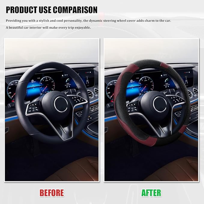 Car Steering Wheel Cover, Steering Wheel Cover Protector, 15 Inch Carbon Fiber Microfiber Leather Elastic Steering Wheel Protector, Car Steering Wheel Accessories for Vehicles (Black WineRed)