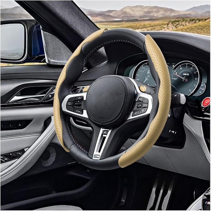 LoyaForba Car Steering Wheel Cover, Universal 15 Inch Leather Segmented Auto Steering Wheel Protector, Anti-Slip and Soft Breathable, Car Interior Accessories for Most Vehicle, SUV, Truck (Beige)
