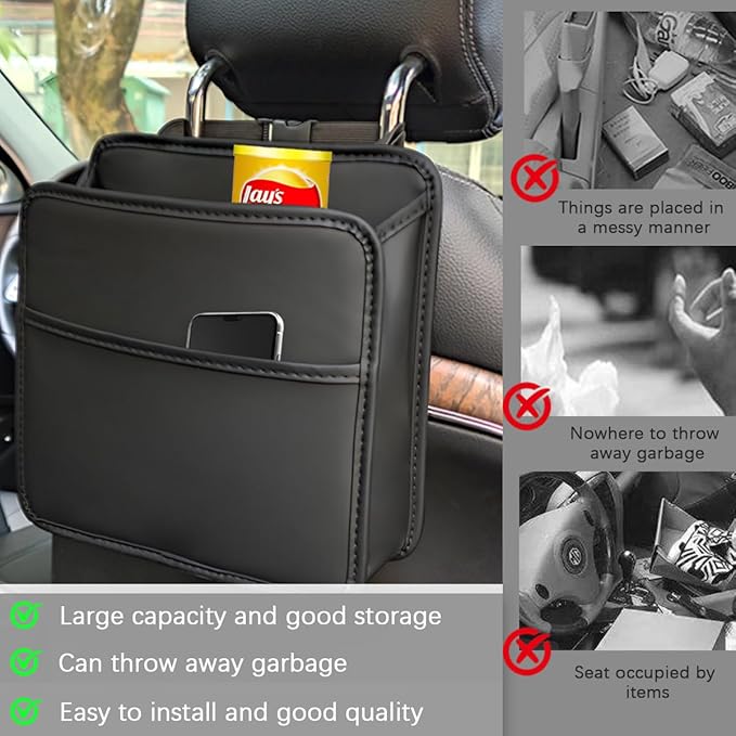 Car Seat Back Organizer, Leather Multipurpose Hanging Vehicle Backseat Headrest Storage Bag, Automotive Pouch Pocket Organizer for Kids & Adults, Universal for Truck SUV Sedan (Black)