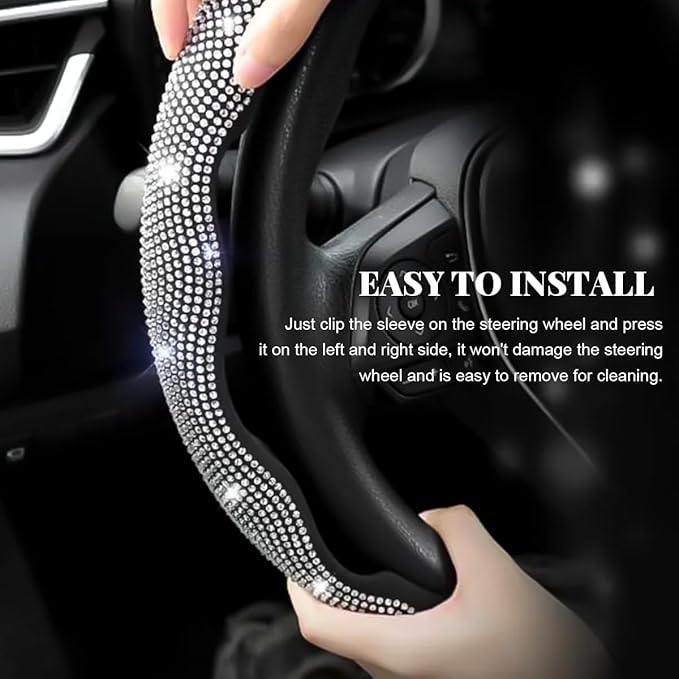2 PCS Steering Wheel Cover, Segmented Car Wheel Covers with Crystal Rhinestones, Non-Slip Protector Bling Sparkly Decoration for Most Steering Wheels, Car Accessories (White)