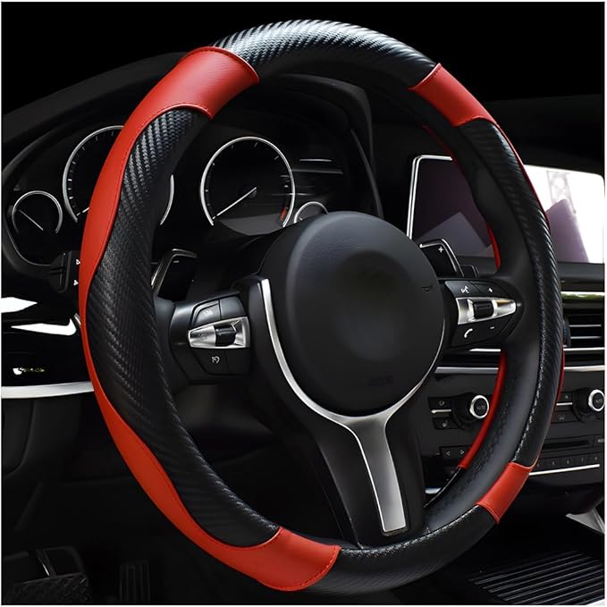 Car Steering Wheel Cover, 15 Inch Carbon Fiber Leather Stitching Color Steering Wheel Protector, Anti-Slip Elastic Breathable Steering Wheel Cover Stylish Decor for Most Cars (Black&Red)