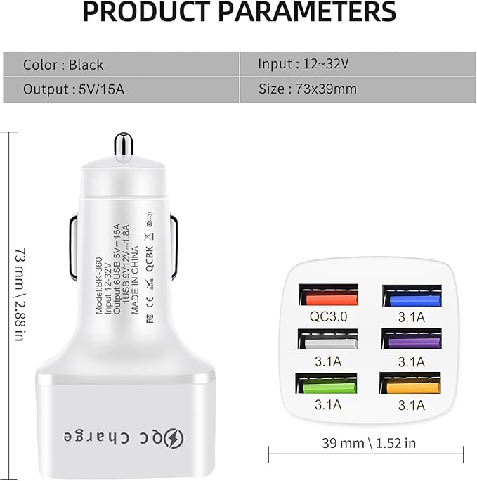 Amiss Car Charger Adapter, 6 USB Multi Port, Fast Charger, Include QC 3.0 and 5 Other Ports, Car Interior Accessories, Fit for iPhone 13/12/11/pro，Samsung Galaxy/Note S10/S9/S8 - Bright White