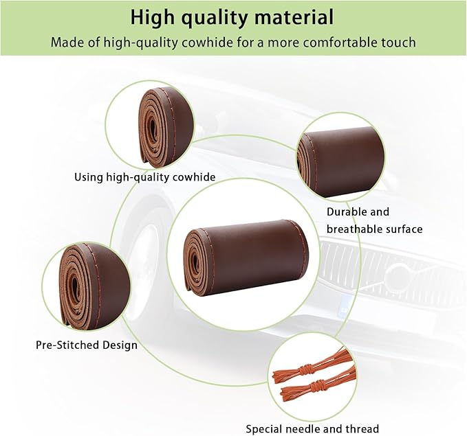 Kewucn Genuine Leather Steering Wheel Cover, 15" Universal Car Steering Wheel Protector with Needle Thread, Breathable Anti-Slip Steering Wheel Cover DIY Stitch on Wrap (Coffee, Glossy)