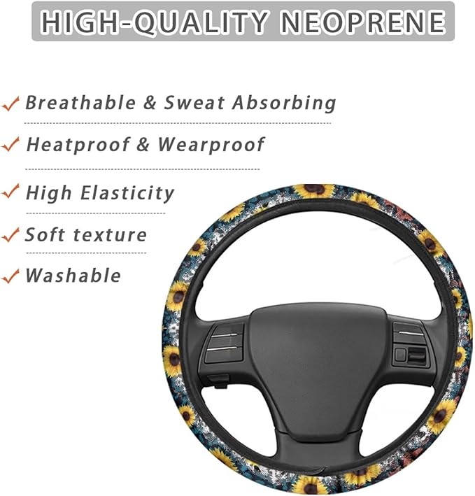 Universal Non-Slip Steering Wheel Cover, 15-inch Polyester Material Driving Accessories, Adjustable for Car and Truck(Indigo Leopard Sunflower)