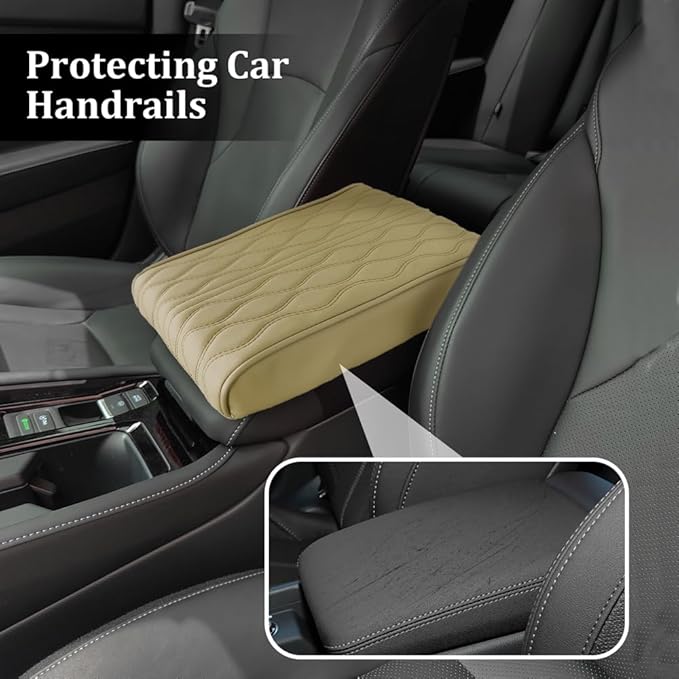 Car Center Console Cover, Leather Memory Foam Armrest Cushion Protection Pad, Waterproof Hand Rest Pillow with Height Increase, Universal Car Accessories for Most Vehicles (12.6'*8.5"/ Beige)