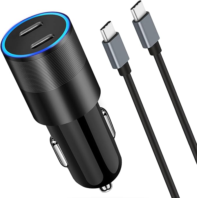 60W Fast USB C Car Charger, Dual 30W PD 3.0 Charging Ports Cigarette Lighter Adapter for iPhone 17 Pro Max 16 15, iPad, Google Pixel 10 9, Samsung Galaxy S25 S24, Android Phone with 3.3ft Type C Cable