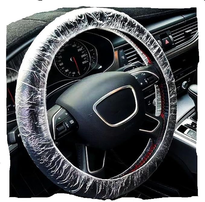 150 PCS Universal Clear Plastic Steering Wheel Covers, Disposable, Elastic Fit for Car Detailing & Auto Repair Service (Up to 22.9")