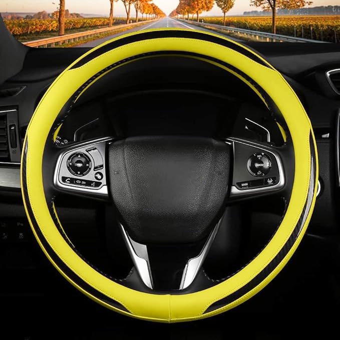 New Leather Car Steering Wheel Cover, Non-Slip Car Wheel Cover Protector Breathable Microfiber Leather Universal Fit for Most Cars(Yeiiow)