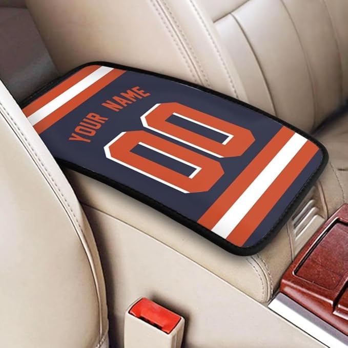 Custom Car Armrest Cover,Add Personalized Name and Number As Gifts for Loyal Football Fans,American Football Auto Center Console Pad Car handrail Box Cushion,Fit for Most Car Seat Box Cover Protector