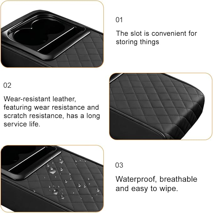 Car Center Console Armrest Pillow, Leather Vehicle Middle Console Protection Cushion with Cup & Phone Holder, Waterproof Automotive Arm Rest Box Cover, Universal Fit (Black Rhombus)
