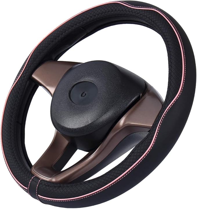 Mayco Bell Small Size Steering Wheel Cover Anti-Slip,Safety,Soft,Breathable,Durable,Full Surround,Comfortable Grip Microfiber Leather (14-14.25 inch, Black Pink)