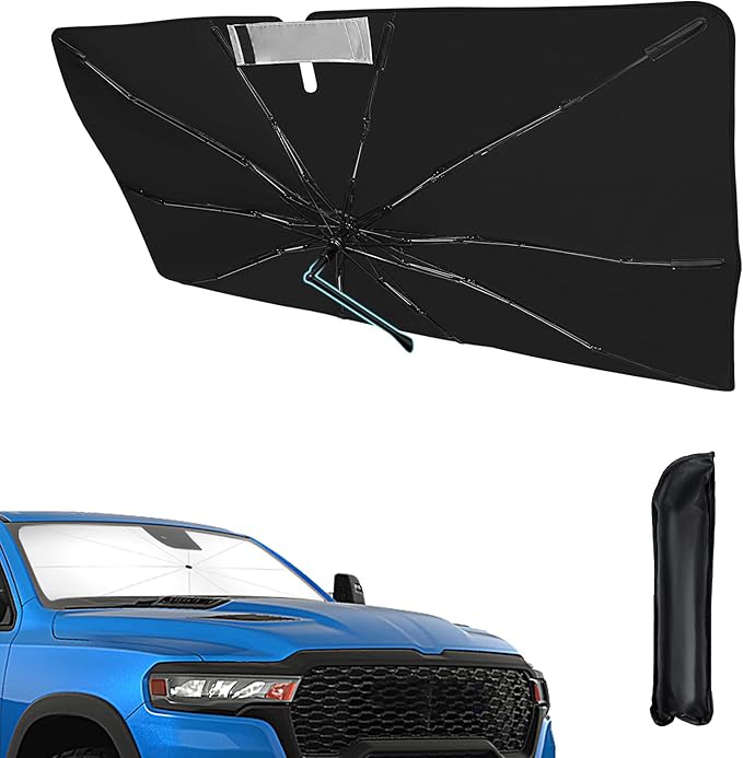 [2025 Upgrade] Rilsen Windshield Sun Shade Umbrella for 2019-2024 2025 Dodge RAM 1500 CrewCab,MegaCab Pickup,2Dr RegularCab,4Dr QuadCab Front Car Window Shades Double Thickened Foldable Sunshades