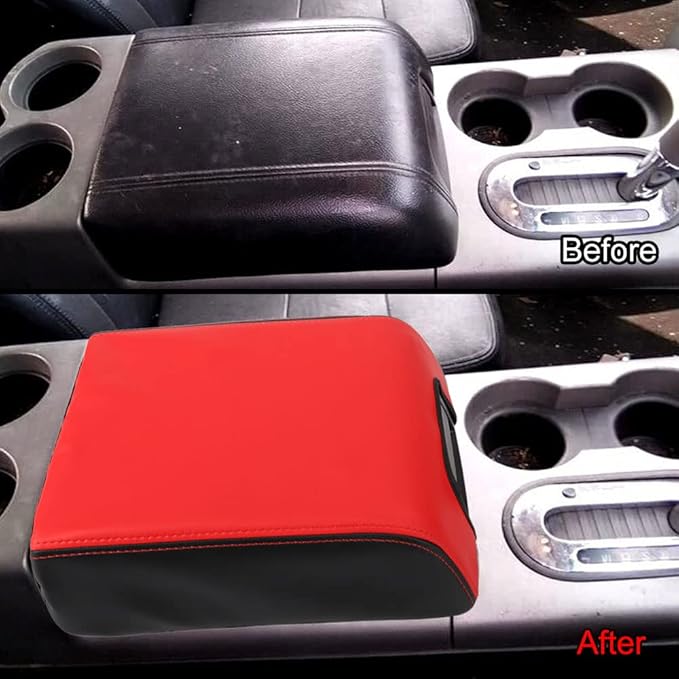 XITER 1PC Leather Center Console Armrest Box Cover Waterproof Cushion Pad for F150 2004-2008 Not Fit Jump Seat Console(Red+Black)