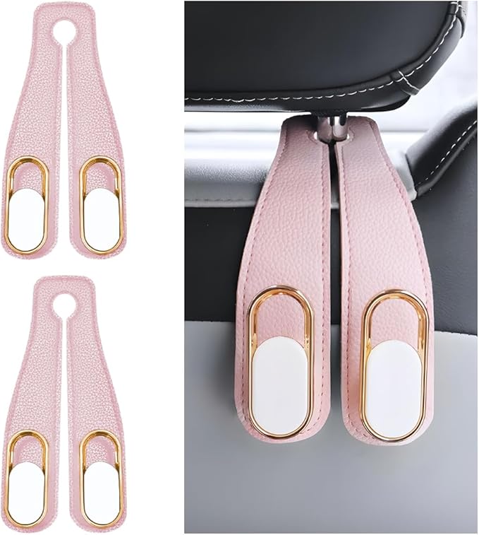 Car Seat Headrest Double Hook, 2PCS Multifunctional Soft Leather Vehicle Purses & Bags Holder, Hidden Design Automotive Interior Storage Hanger, Universal for SUV, Truck, RV (Pink)