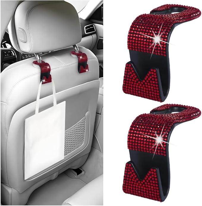 Bling Car Seat Headrest Hooks, 2PCS Crystal Rhinestone Vehicle Backseat Purse Holder for Handbags Coats Umbrellas, Diamond Auto Back Seat Storage Organizer Hanger, Universal Fit (Red)
