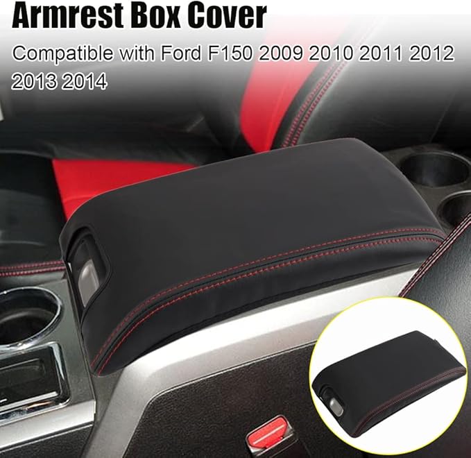 XITER 1PC Leather Center Console Armrest Box Cover Waterproof Cushion Pad for F150 2009-2014 Not Fit Jump Seat Console(Red Stitches)