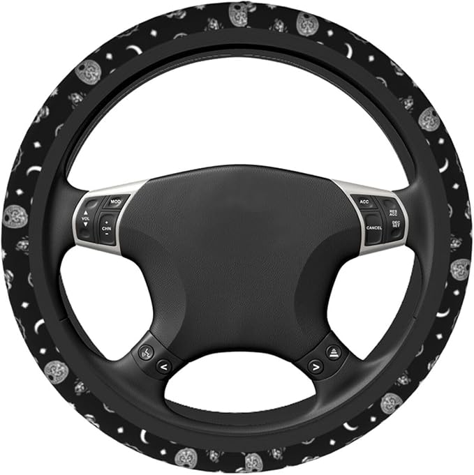 Gothic Skull Cat Moon Pattern Universal Steering Wheel Cover for Men Women, Halloween Soft Anti Slip Stretch Neoprene Steering Wheel Covers Car Protector Accessories 15 Inch-Black