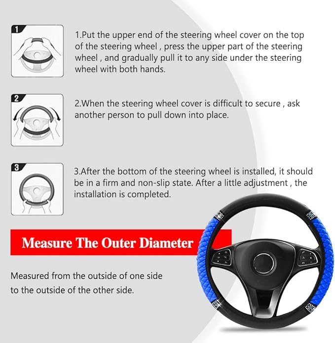 Bling Soft Leather Steering Wheel Cover, Anti-Slip Car Steering Wheel Protector, 15 Inch Rhinestones Soft Leather Elastic Steering Wheel Protector for Women Girls, Car Accessories for Most Cars