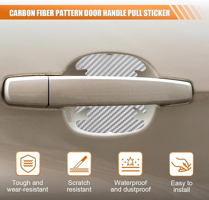 4PCS Car Door Handle Cup Scratch Protector, 3D Carbon Fiber Door Bowl Sticker, Car Paint Protective Film, Universal Automotive Doors Handle Guard Pad for Most Cars (Silver)