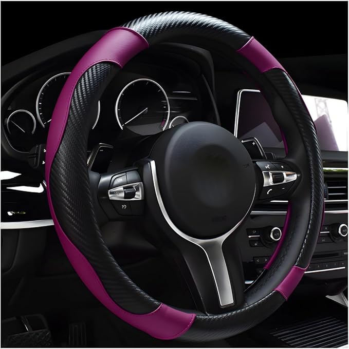 Car Steering Wheel Cover, 15 Inch Carbon Fiber Leather Stitching Color Steering Wheel Protector, Anti-Slip Elastic Breathable Steering Wheel Cover Stylish Decor for Most Cars (Black&Purple)