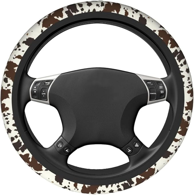 Brown Western Cow Print Steering Wheel Cover for Women Men with 2 Pcs Car Coasters, 15 Inches Neoprene Anti-Slip Cute Universal Car Accessories Protective Cover for Vehicle