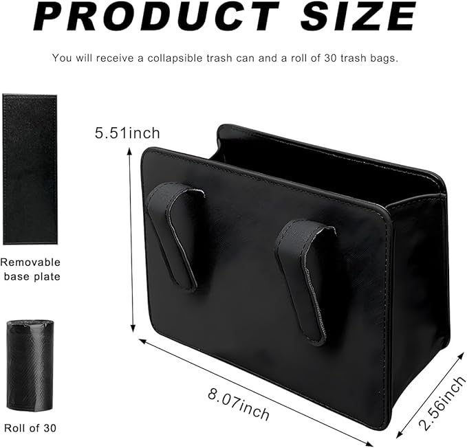 Car Trash Can, Leather Mini Dustbin Auto Storage Container with One Roll Trash Bag, Waterproof Foldable Garbage Organizer Interior Hanging Bag for Most Vehicles, Car Accessories (Black)