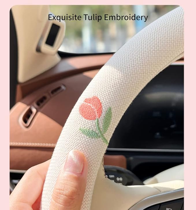 Wheel Cover Flax Microfiber Steering Wheel Covers for Women Fit 15 inch Car Cute Bow Tie Anti-Slip Breathable Absorbing Sweat Cover (Type-O-Tulip)